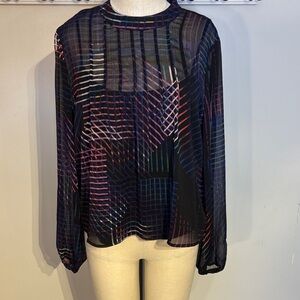 DKNY Multicolor Sheer Geometric Blouse